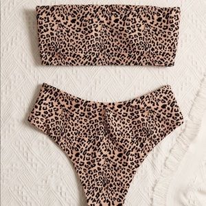 Leopard Bandeau High Waisted Bikini Swimsuit